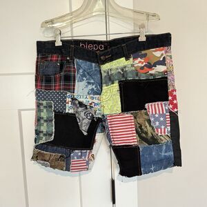 Blepa Patchwork Multicolor Patterns Fabric Button Fly Cut-Off Jean Shorts 34